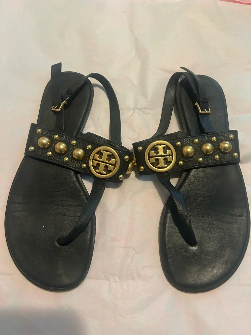 Tory Burch Black Leather Studded Thong Sandals with Gold Logo Medallions